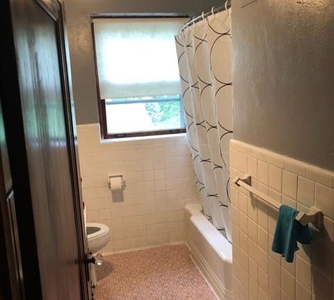upstairs bathroom with window overlooking backyard