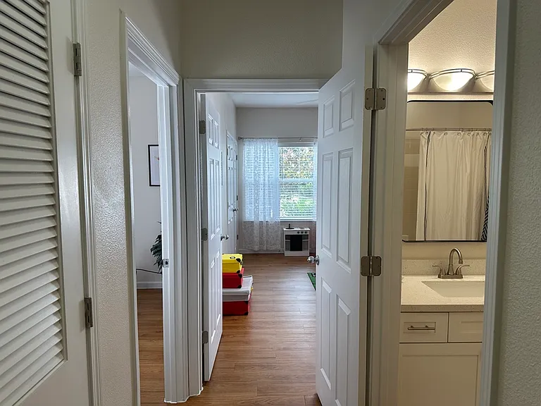Inviting apartment hallway with sleek wood flooring leading to a bright room with natural light and a modern bathroom with elegant fixtures. Inviting apartment hallway with sleek wood flooring leading to a bright room with natural light and a modern bathr