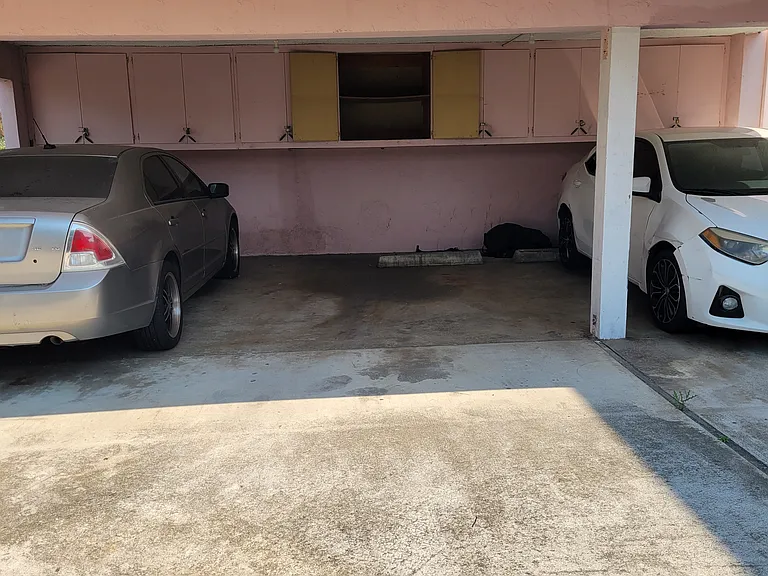 Covered parking space with locking storage cabinet