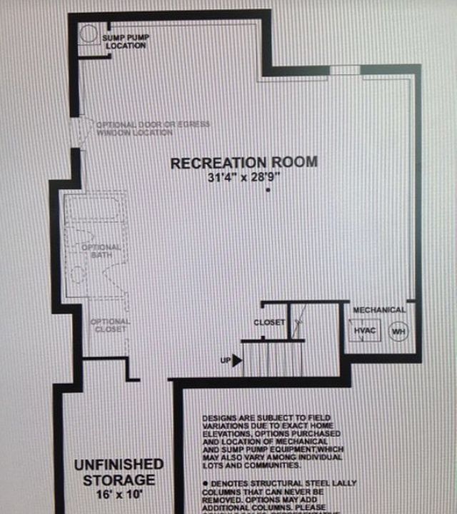 Basement Layout Pic Notes:
1) optional bathroom & closet are included
2) closet labelled Mechanical/HVAC is a regular closet (total of 3 closets)
3) space labeled wet bar is where the kitchenette is installed
4) the entrance is adjacent to sump pump