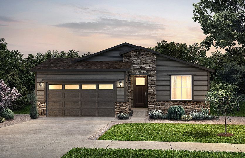 The Manzanita shown in Elevation A designed with classic shake siding, pitched gable roofs, and styl