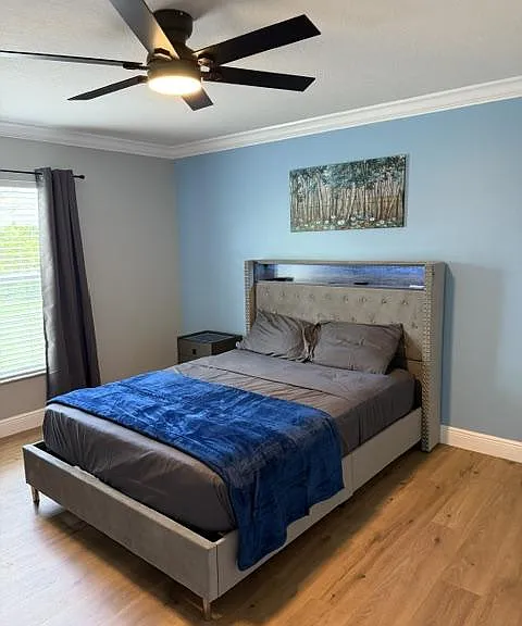 Queen size bed with built in LED strip and outlets, sleets, pillows & blanker