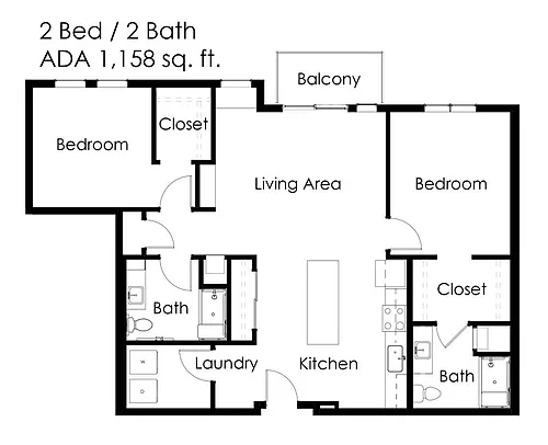 Floor plan 2 Bed / 2 Bath 1158 sq ft 2DA ADA