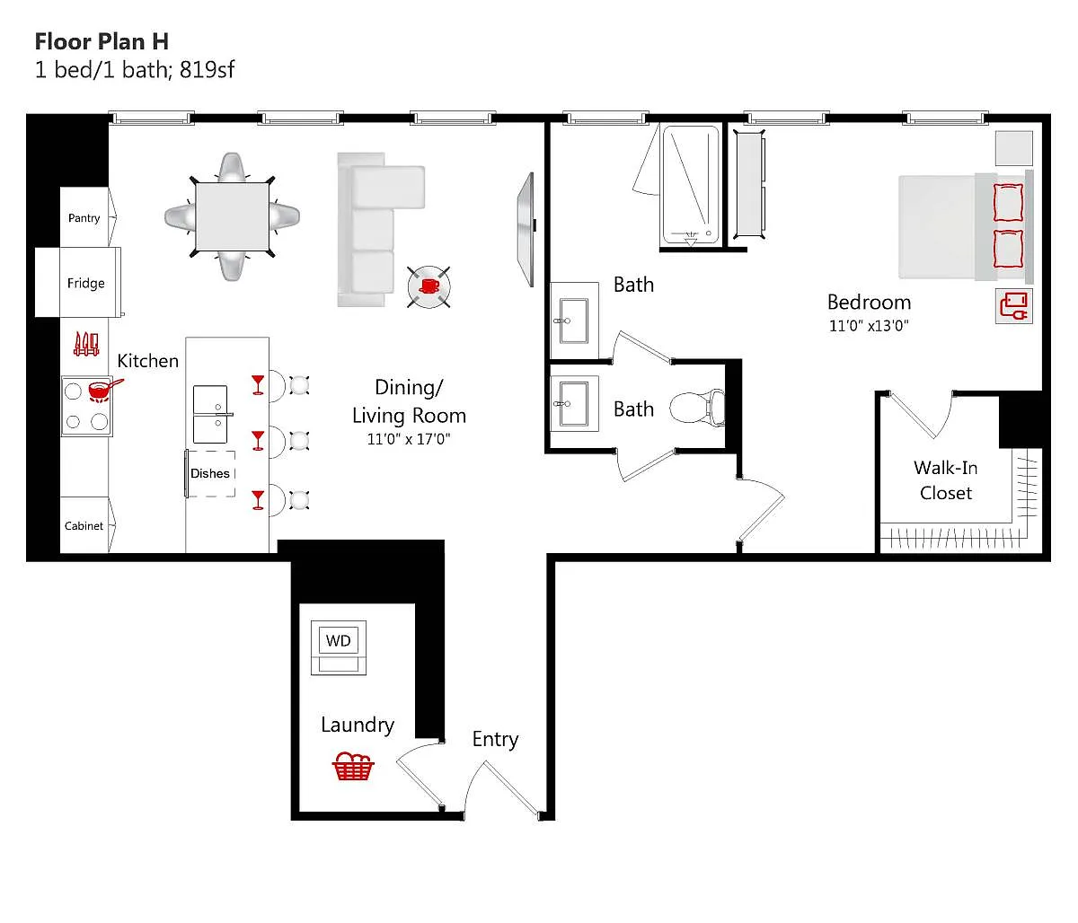 Floor plan 1 BED/ 1 BATH - 819 S/F (H)