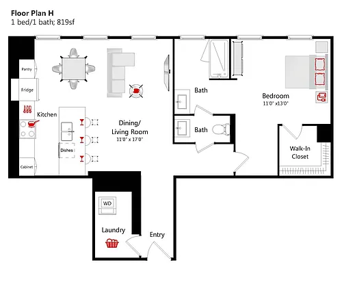 Floor plan 1 BED/ 1 BATH - 819 S/F (H)