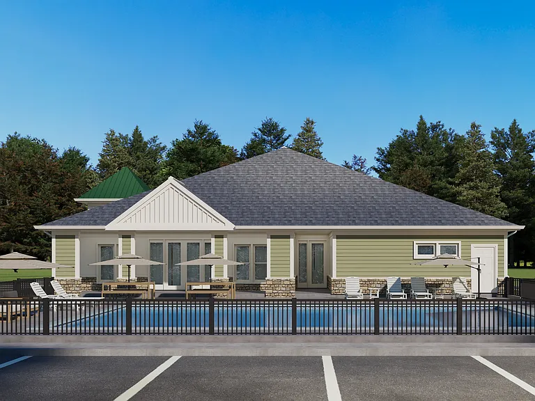 Exterior view of Greenwood Commons community clubhouse and pool.