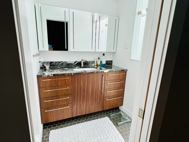 Primary bedroom bathroom with access to the walk-in closet.