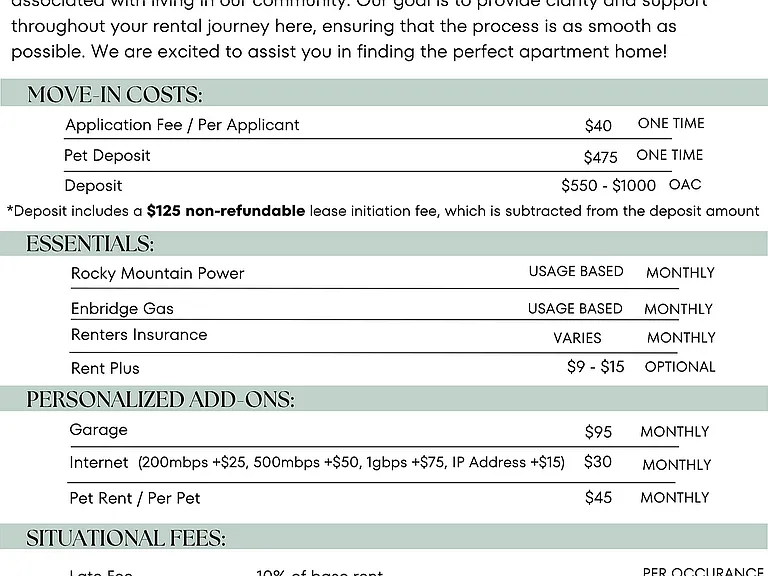 Orchard Cove Fee Guide