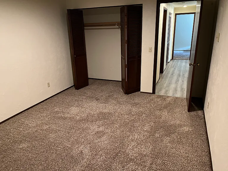 Master bedroom closet and view to main vinyl planked hallway. Very large room in rear accommodates a king-sized bed. Bathroom is first door on left in hall.