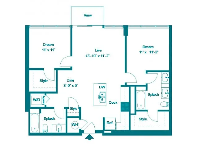 Floor plan Two Bedroom Two Bath (1034 SF)