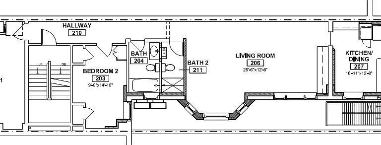 2nd Floor Plan of Unit B. The rear landing takes you to the large shared roof deck with incredible views of the city. Lots of space! Central air conditioning. laundry in the kitchen. Great storage.