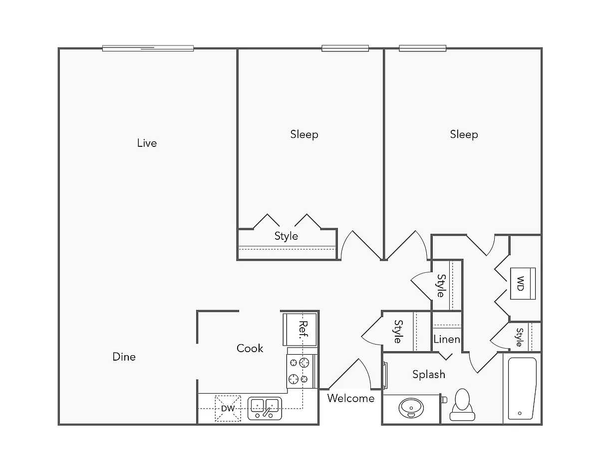 Floor plan 2 Bed 1 Bath with Washer Dryer