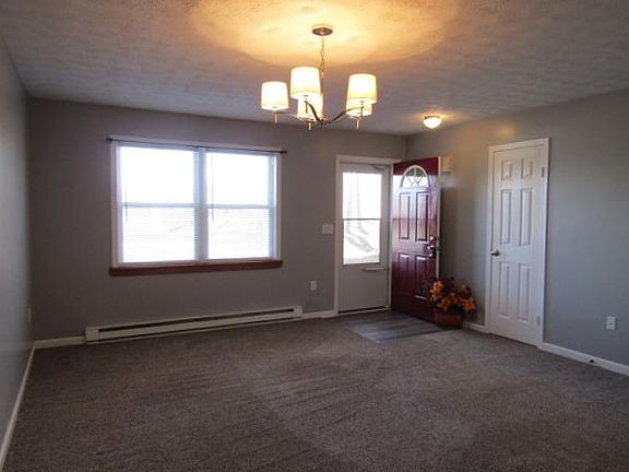 Large living room has entry closet with light gray painted walls with a gray/brown carpet.