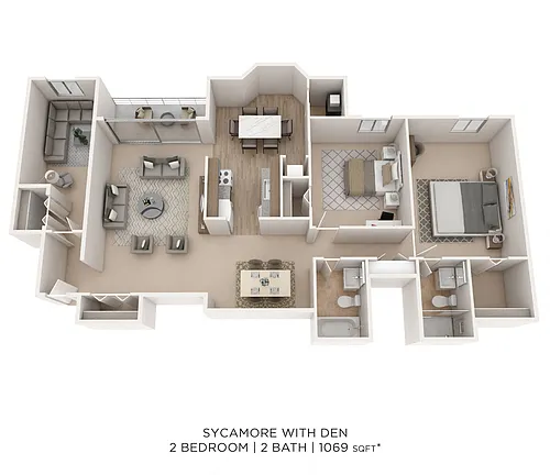 Floor plan Two Bedroom 2 Bath w/Den - 1,069 sqft