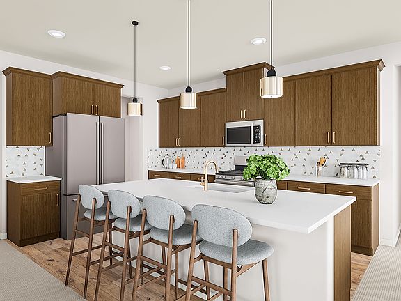 A modern and well-designed kitchen with wooden cabinets, white countertops, and bar stools, compleme