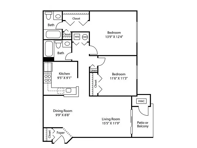 Floor plan Two Bedroom Two Bath (942 SF)