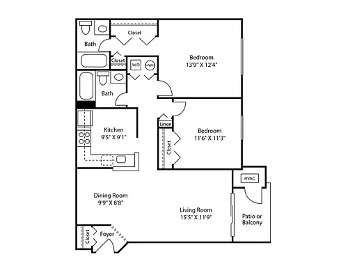 Floor plan Two Bedroom Two Bath (942 SF)