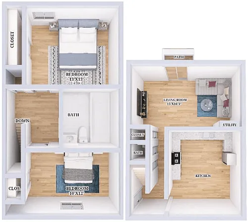 Floor plan Renovated 2 Bed, 1.5 Bath Townhouse
