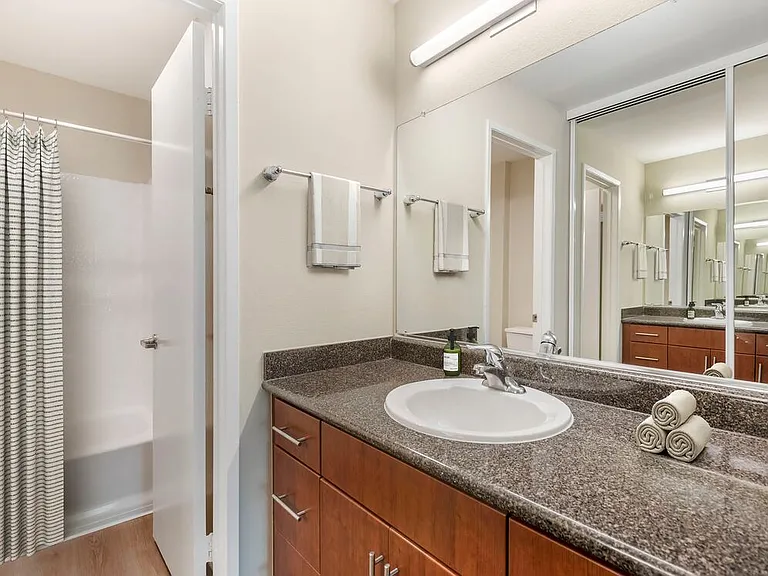 Renovated Package I bath with grey speckled granite countertops, chestnut cabinetry, and hard surface flooring