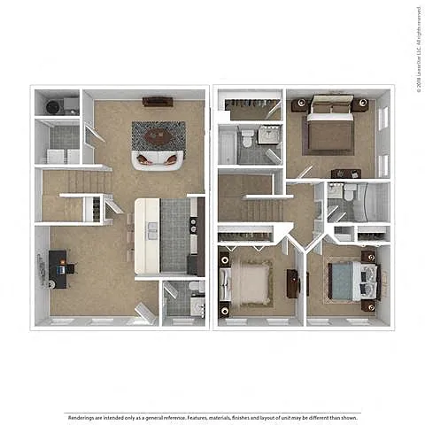 Floor plan Three Bedroom 2.5 Bath- 1,164 sqft