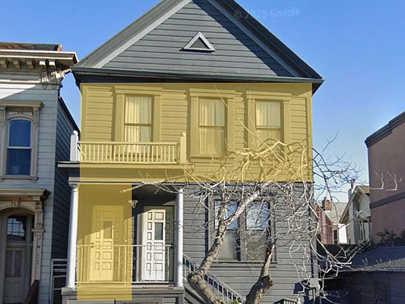 Highlighted is front entrance and upstairs unit