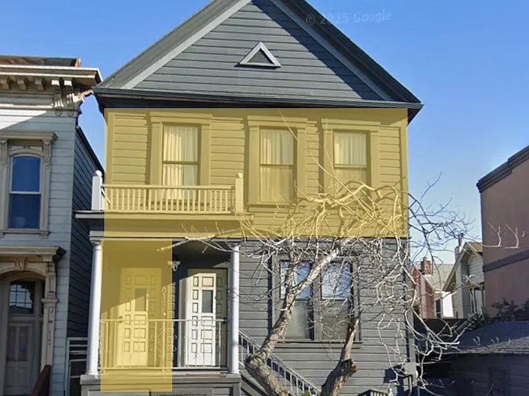 Highlighted is front entrance and upstairs unit