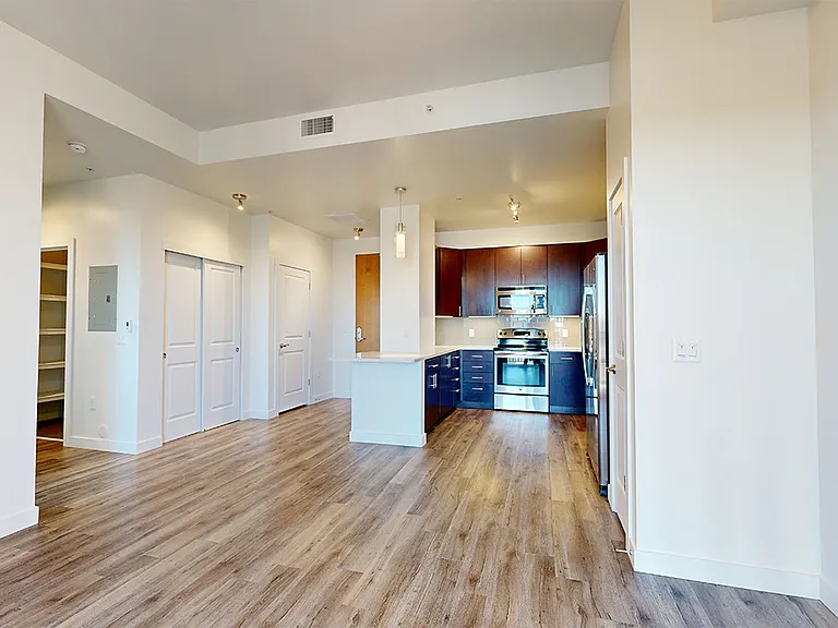 Apartment kitchen with stainless steel appliances, dining and living room with wood-style flooring.