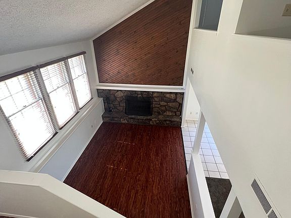 Wood burning fireplace in living room