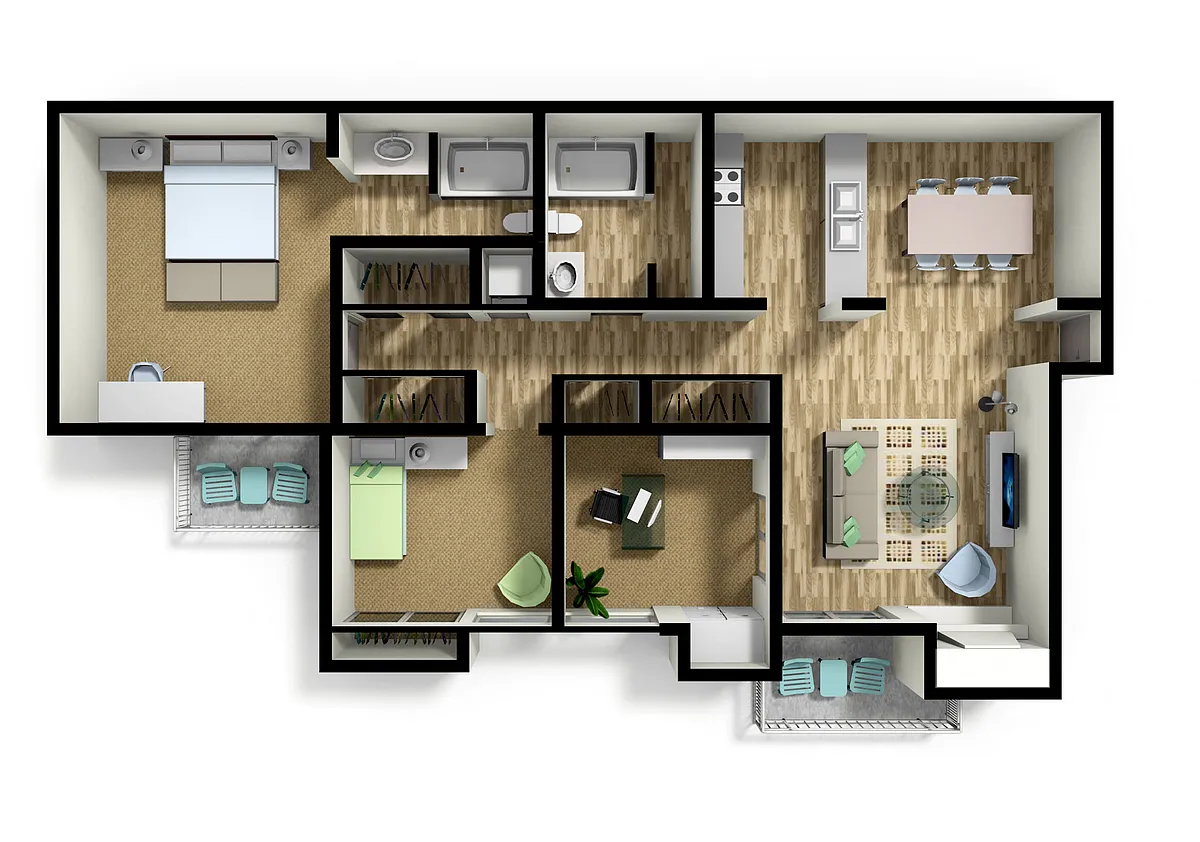 Floor plan 2x2 Den Cottonwood