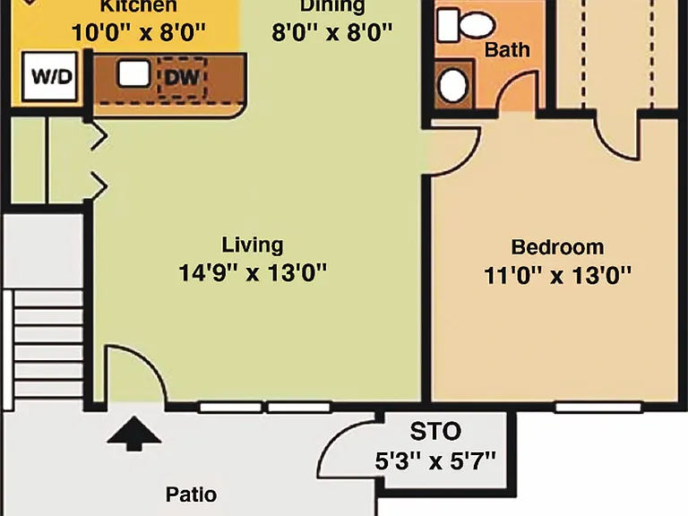 One Bedroom with open kitchen, over sized walk in closet, and connected storage unit.