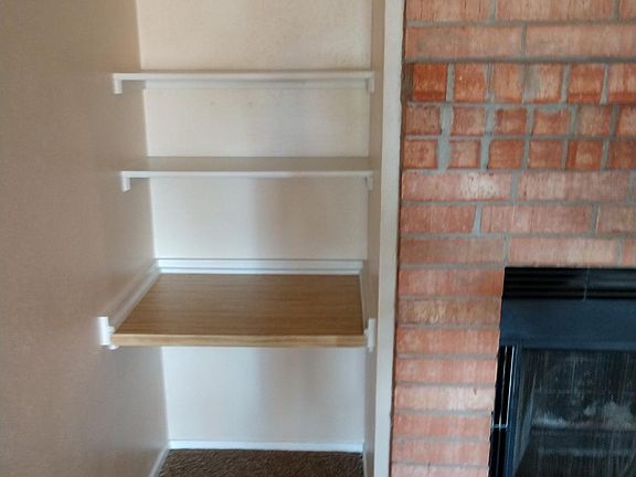 Living room fireplace and shelving