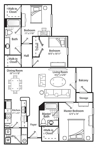 Floor plan Three Bedroom Two Bathroom 60%