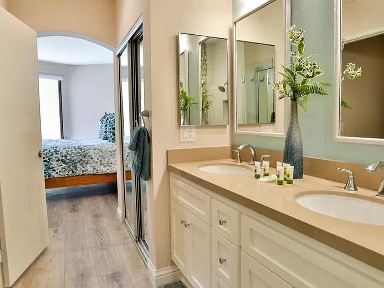 Master bathroom with double sinks and 2 closets