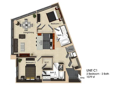 Floor plan (C1) 2 Bedroom - 2 Bathrooms