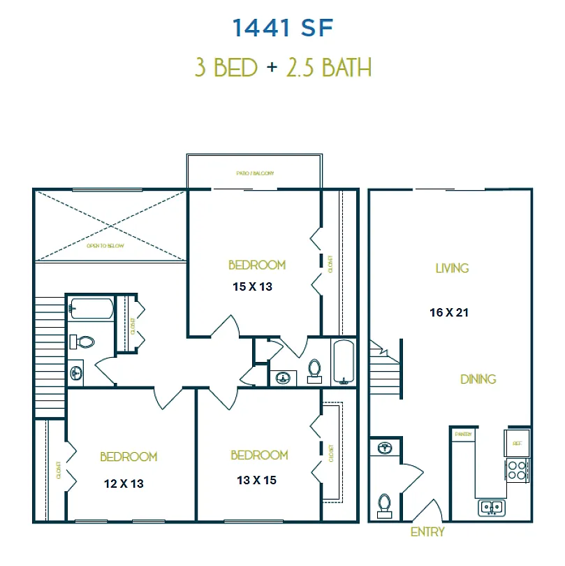 Floor plan Three Bedroom 2.5 Bath TH