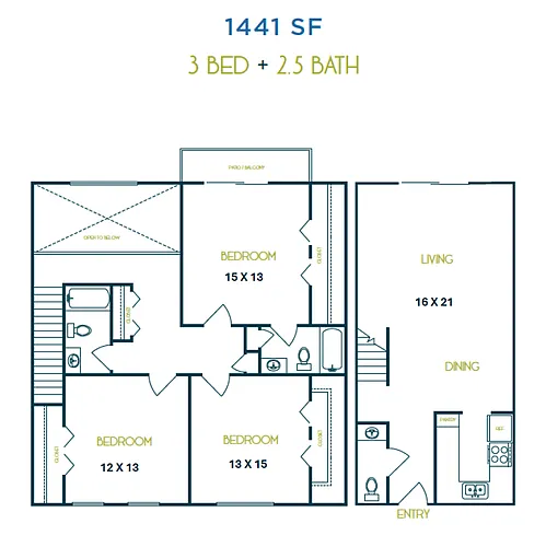 Floor plan Three Bedroom 2.5 Bath TH