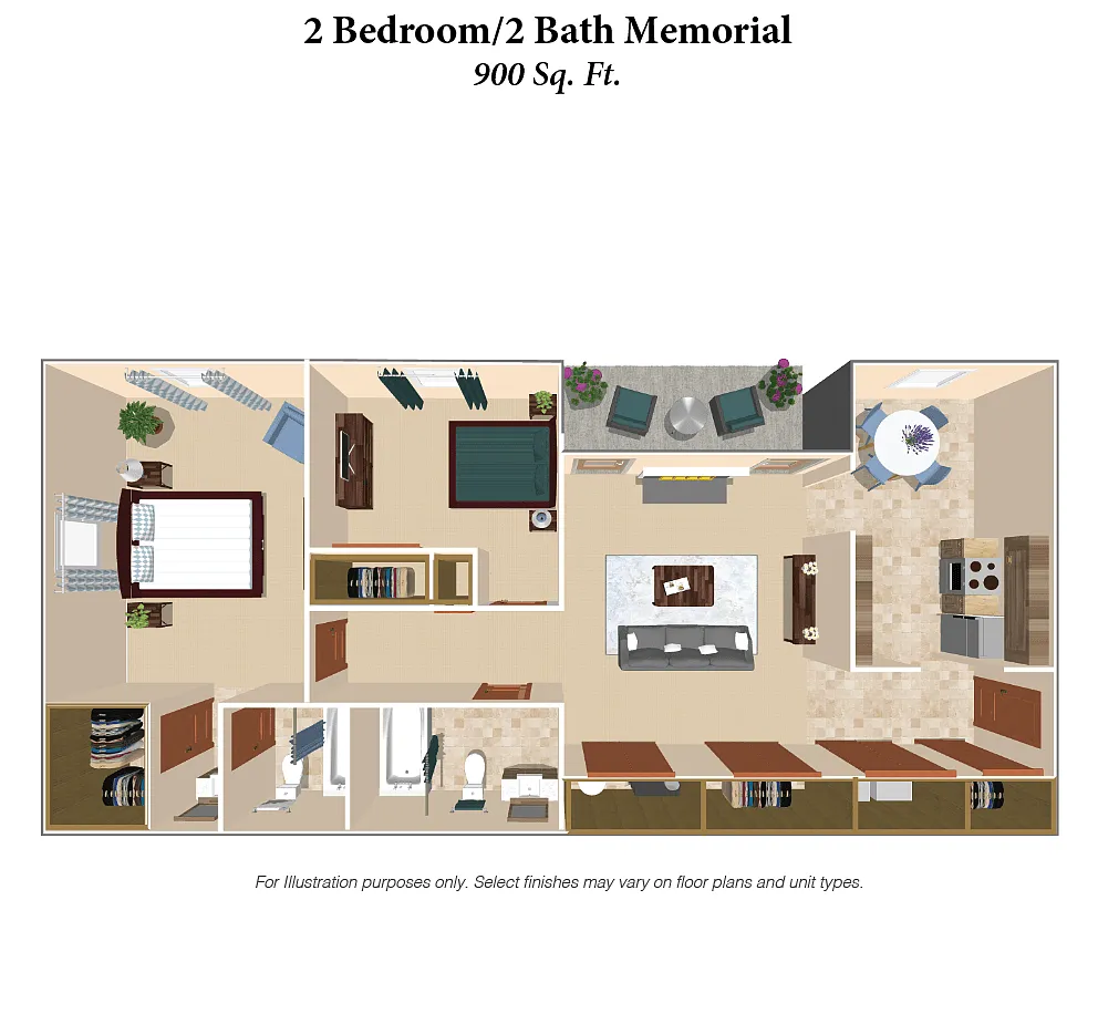 Floor plan 2 Bedroom, 2 Bath Memorial - 900SqFt