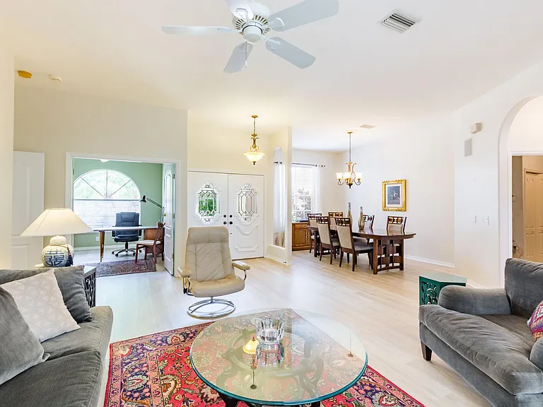 Open layout with lots of light and high ceilings.
