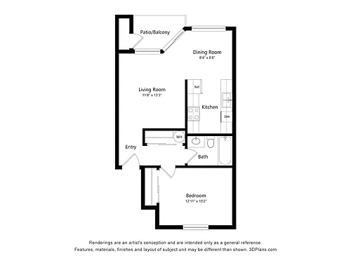 Floor plan 1 Bedroom, 1 Bath 30% Sec 8