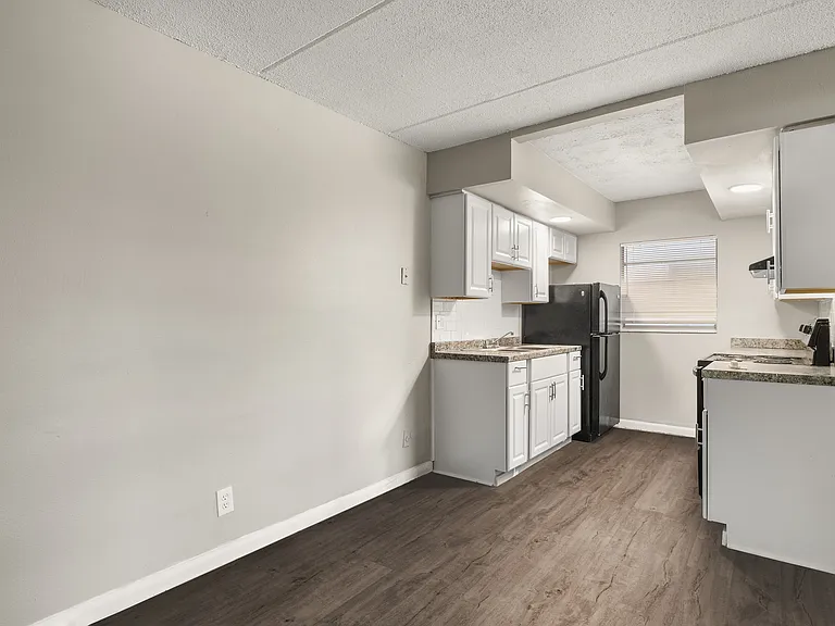 Contemporary kitchen with sleek white cabinets, modern appliances, and elegant countertop, set against stylish wood flooring.