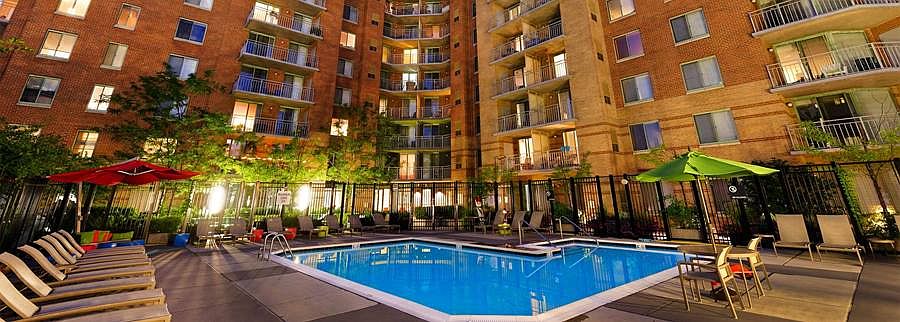 Courtyard with swimming pool and lounge seating