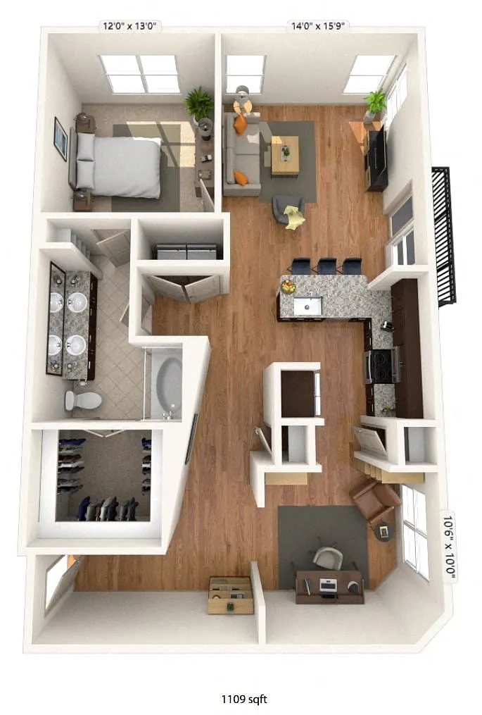 Floor plan Traditional 1x1 956-1109 SF