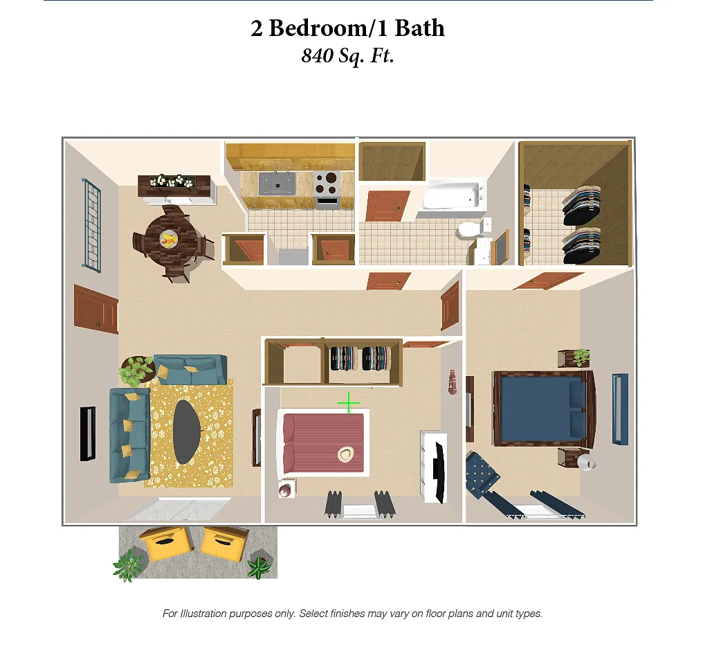Floor plan 2 Bedroom, 1 Bath - 840 SqFt Phase 1
