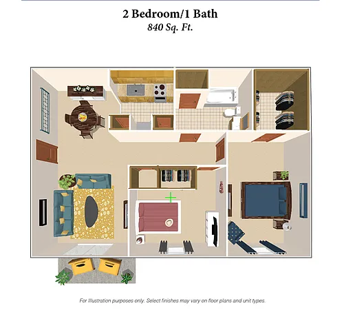 Floor plan 2 Bedroom, 1 Bath - 840 SqFt Phase 1