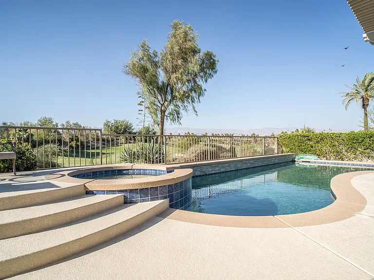Located in the lovely Montecito gated community. This home looks out onto Desert Willow Golf Resort and the San Bernadino Mountains. Newly refinished salt-water pool and spa.