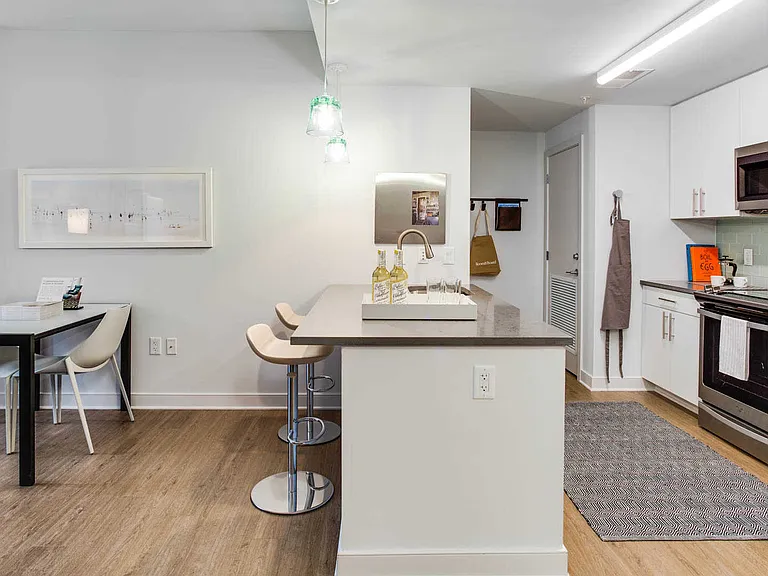 Dining Area and Kitchen with Stainless Steel Appliances. Furnishings by Room & Board