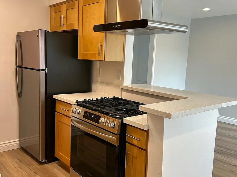 Brand new designer kitchen including refrigerator, stove and hood