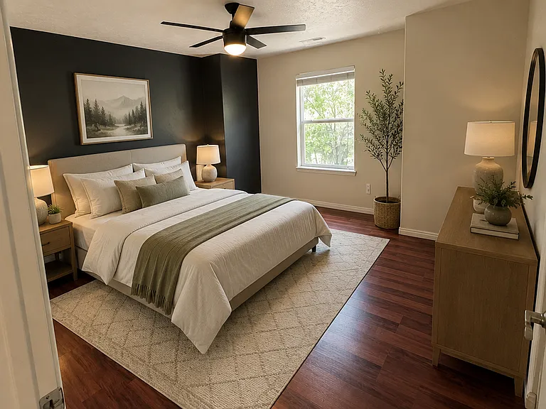 Primary bedroom staged