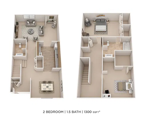 Floor plan Two Bedroom 1.5 Bath Townhome- 1,300 sqft