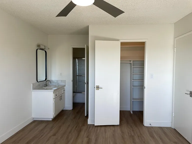Flat level master bedroom with view of walk in closet and external sink.
--
Washing machine connection, approximate width of area in split level apartments.
--
*Floor plans are digital renderings. All dimensions are approximate. Actual product and specifi